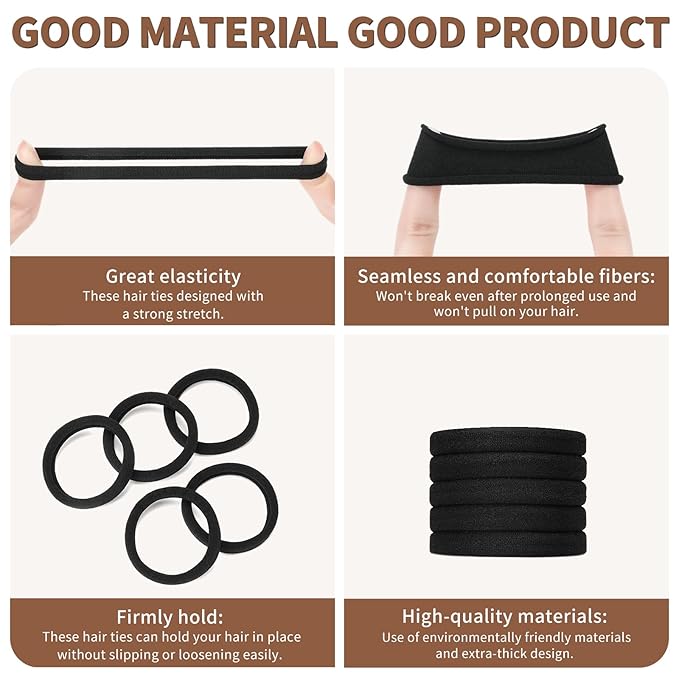 Mia Klein Hair Ties Black 100Count Extra Thick 5CM, Bulk Elastic Hair Bands for Thick Heavy Hair, Seamless Hair Accessories for Girls Women, Ponytail Holder (Black)