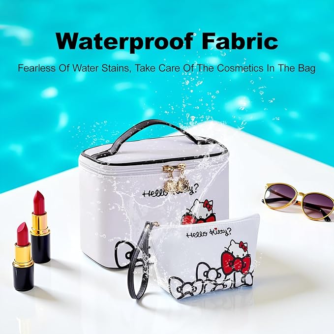 Vimanllie Travel Makeup Bag Large Cosmetic Bags with Brush Holder,White Waterproof 2PCS Portable Cosmetic Case for Women,Toiletry Bag for Skincare&Beauty Tools for Her