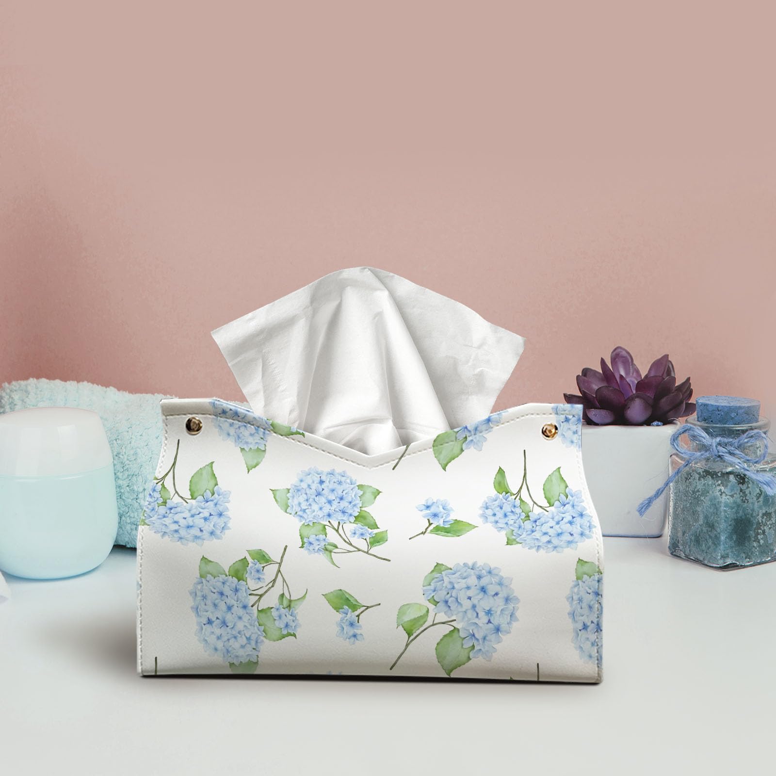 Hydrangea Tissue Box Cover Rectangle, Blue Flroal Tissue Box Holder Leather Facial Paper Case Decorative Organizer Holder Dispenser, Blue White Aesthetic Desk Accessories for Women Home 9.8x5.9x5.9