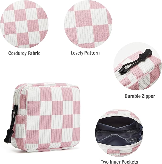 ZOEMTIU Small Makeup Bag for Purse,Mini Cosmetics Bag cute Zipper corduroy Cosmetic Pouch Storage Pouch Travel Toiletry Organizer for Women Girls(Checkered Pink)