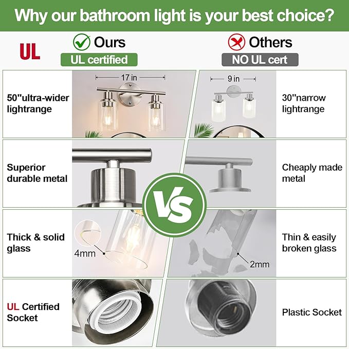 Zarbitta 2-Light Bathroom Light Fixtures, Brushed Nickel Vanity Light, Modern Vanity Lights with Clear Glass Shade, Bathroom Wall Lamp for Mirror Kitchen Living Room Hallway Cabinet Porch
