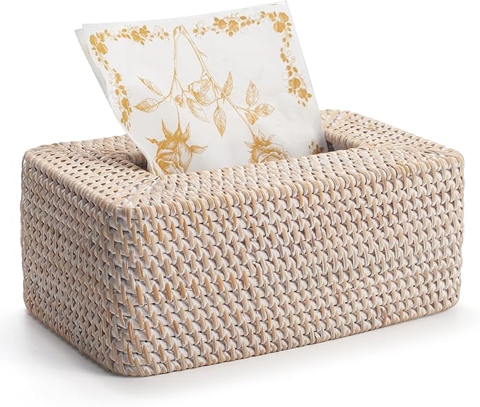 Rattan Tissue Box Cover, Rectangular Wicker Tissue Box Holder, Decorative Woven Facial Tissue Holder for Bathroom, Kitchen, Living Room, Bedroom (Whitewash)