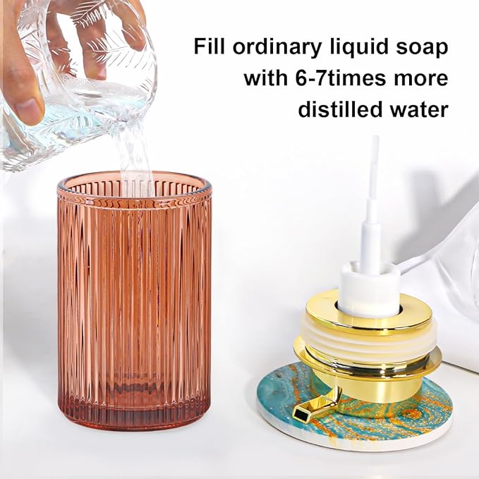 Tonxus Foaming Soap Dispenser, 12 Oz Brown Glass Foam Soap Dispenser, Refillable Foam Pump Bottle Container Decorative Slim Ribbed Bottle for Bathroom and Kitchen Countertop