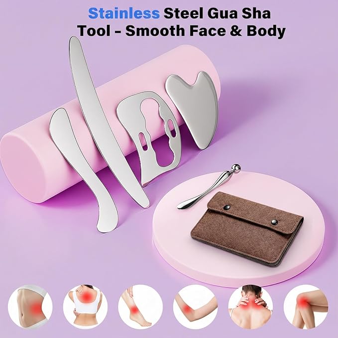 304 Stainless Steel Guasha Muscle Scraper Set, 5 in 1 Gua Sha Massage Kit and Derma Edge Scraping Tools for Physical Therapy- Deep Tissue Massage Scraper Tool for Body and Face Relaxation (Brown)