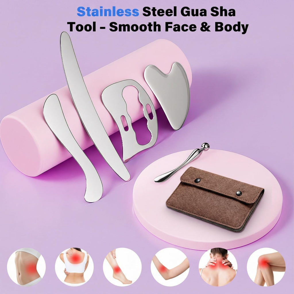 304 Stainless Steel Guasha Muscle Scraper Set, 5 in 1 Gua Sha Massage Kit and Derma Edge Scraping Tools for Physical Therapy- Deep Tissue Massage Scraper Tool for Body and Face Relaxation (Brown)