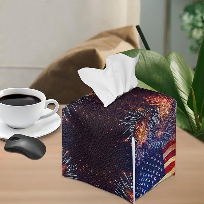 Firework American Flag Tissue Box Holder Square PU Leather Tissue Organizer Case with Metal Button Waterproof Napkin Holder for Home Office Car Automotive Decor