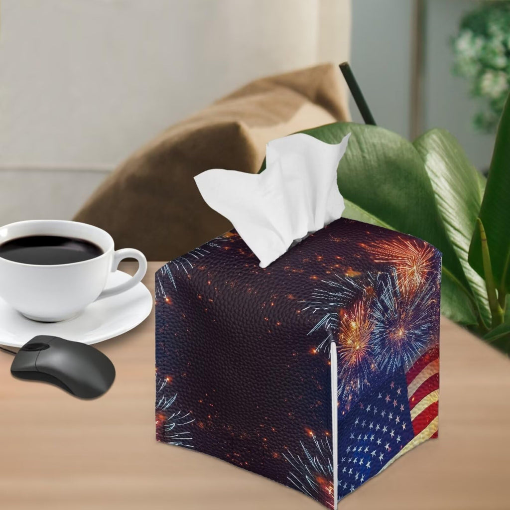 Pzuqiu Firework American Flag Tissue Box Holder Square PU Leather Tissue Organizer Case with Metal Button Waterproof Napkin Holder for Home Office Car Automotive Decor