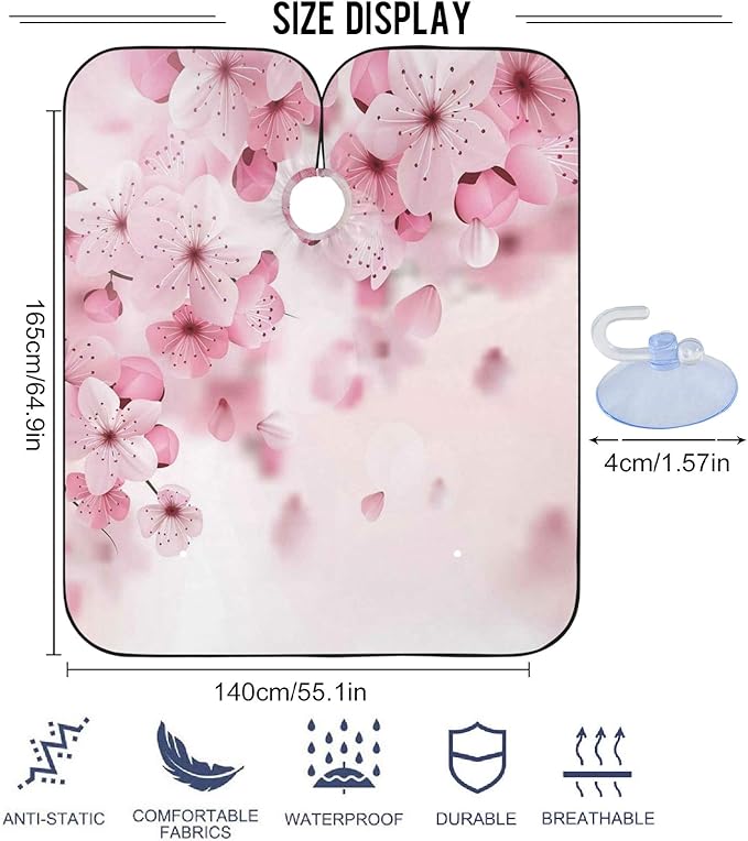 visesunny Barber Cape Pink Cherry Blossom Polyester Hair Cutting Salon Cape Apron Anti-Static Haircut Water-Resistant Shaving Cloth Beard Shaving Bib Hairdressing Cape