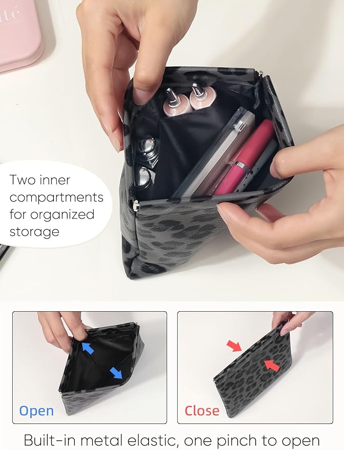 Ksriylm 2 Leopard Leather Small Makeup Pouches Set for Women,Cosmetic Accessories,Waterproof and Portable Cosmetic Bags,Self-closing,No Zipper, Aesthetic Storage Pouch,Lipstick for Purse, Black