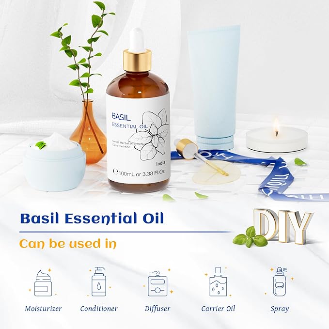 HIQILI Basil Essential Oil for Aromatherapy Diffuser, Hair Care