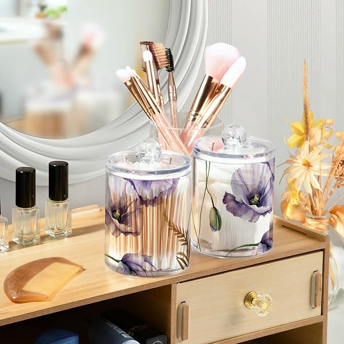 2 Pack Qtip Holder Dispenser for Cotton Ball Watercolor Flowers Purple Poppies Cotton Swab Round Pads Clear Plastic Acrylic Jar Set Bathroom Canister