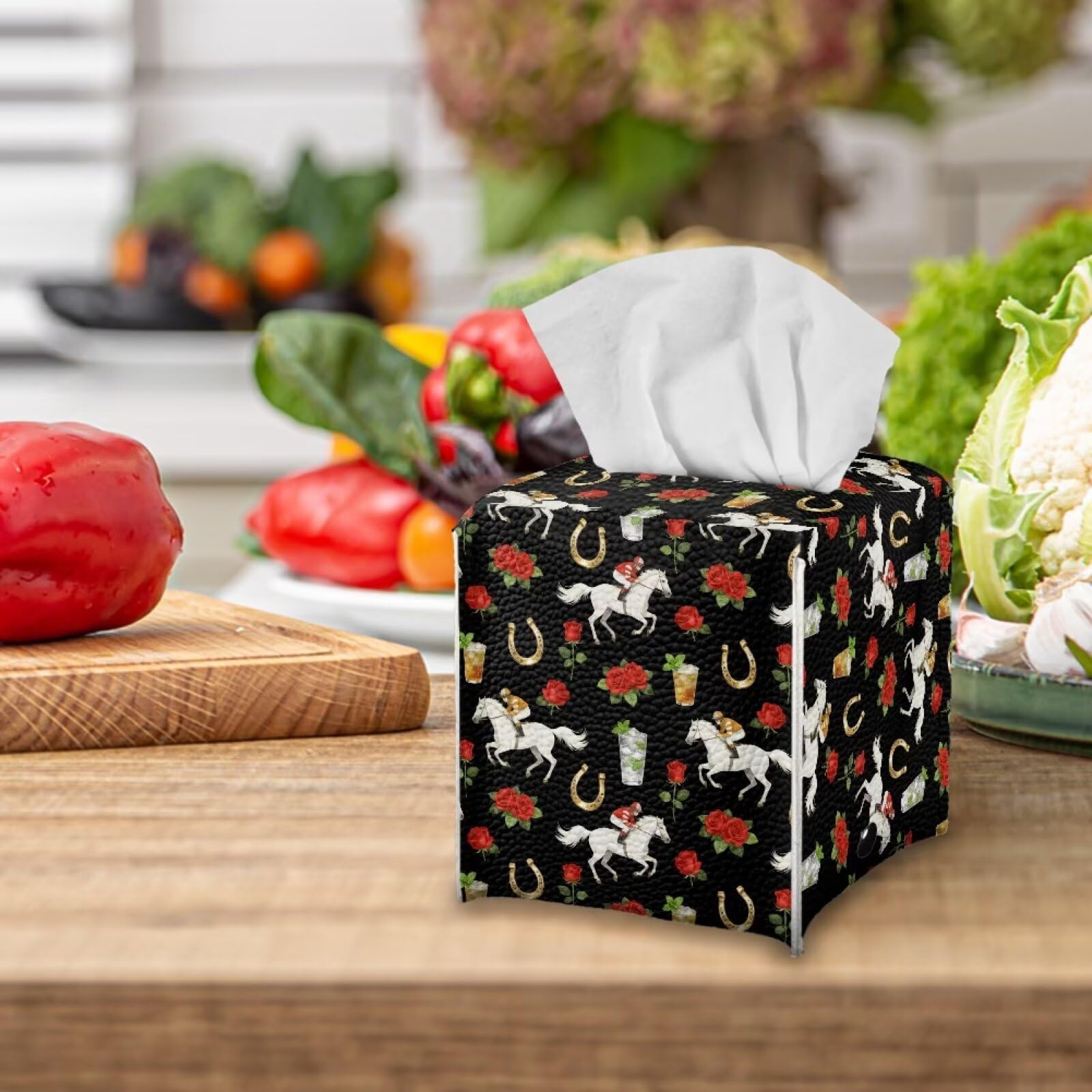 Pzuqiu Rose Racing Horse Decorative Tissue Box Cover, Waterproof PU Leather Square Holder with Metal Button, Protective Napkin Case for Bathroom Countertop, Office Desk, and Car Interior