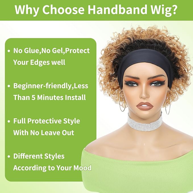 Headband Wig Human Hair Wigs for Black Women Blonde Ombre Pixie Cut Wig Human Hair Put on and Go Glueless Wig Curly Headband Wigs 150% Density Natural Black 8 Inch,T27