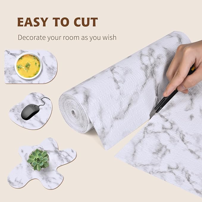 Shelf Liners for Kitchen Cabinets 12in x 20FT, Non Adhesive Drawer Liner Marble Pattern Thickened Shelf Liner Non-Slip Easy to Clean for Tool Box Refrigerator with Knife and Tape Measure