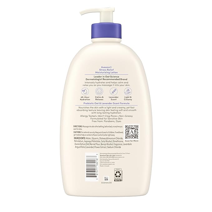 Aveeno Stress Relief Moisturizing Body Lotion, Lavender Scent with Prebiotic Oat for Sensitive Skin, Lightly Scented Lotion with 48-Hour Hydration, Fast Absorbing, Non-Greasy, Value Size 33 Fl Oz