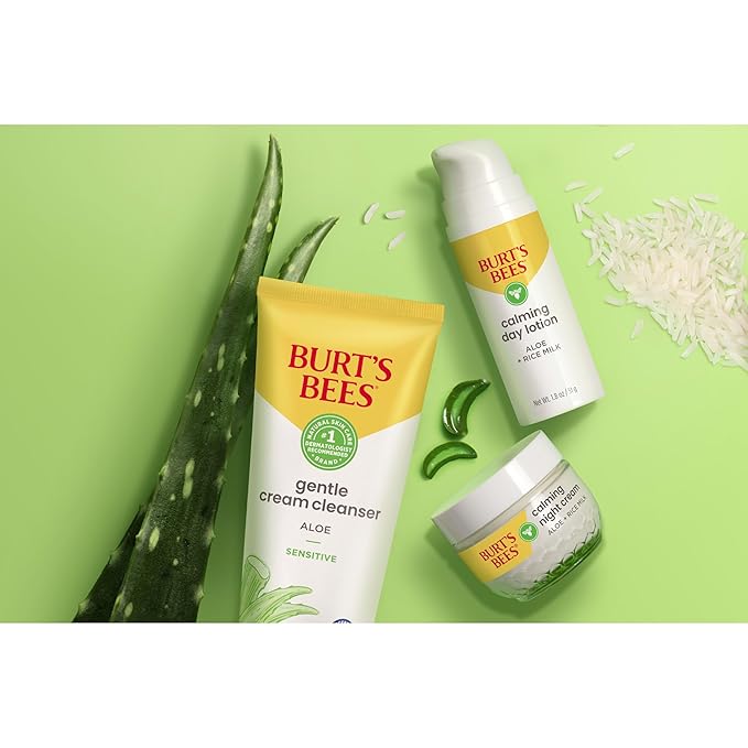 Burt's Bees Calming Night Cream, With Aloe and Rice Milk, Face Moisturizer For Sensitive Skin Infuses Skin With Moisture While You Sleep, 98.8 Percent Natural Origin, 1.8 oz. Tub