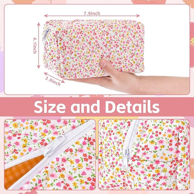 MZLUWM Puffy Coquette Floral Quilted Makeup Bag - Large Fashionable Travel Pouch, Cute Pink