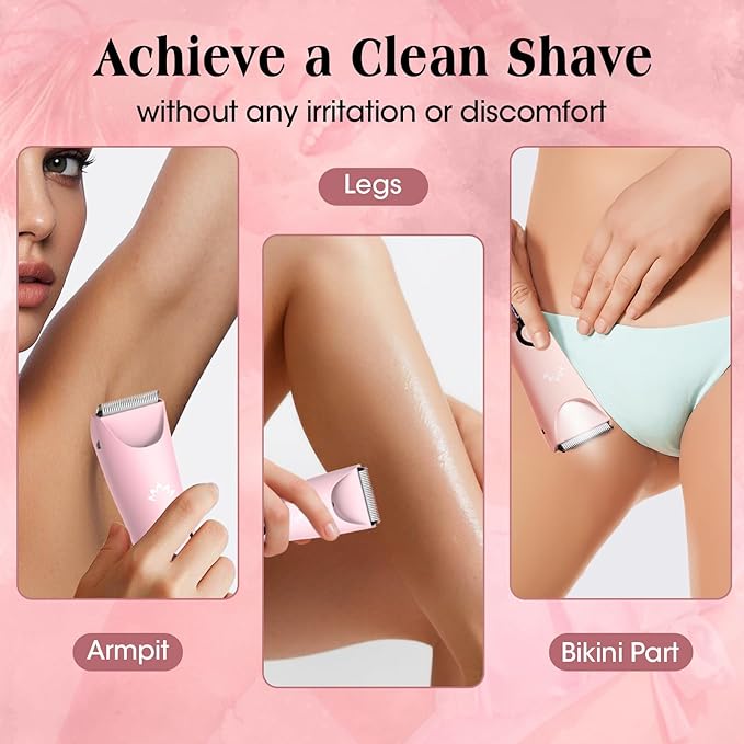 Bikini Trimmer for Women,Cordless Pubic Hair Trimmer,IPX7 Waterproof & LED Display Ladies Electric Razors Body Hair Trimmers for Underarm Leg Arm,Gifts Pink