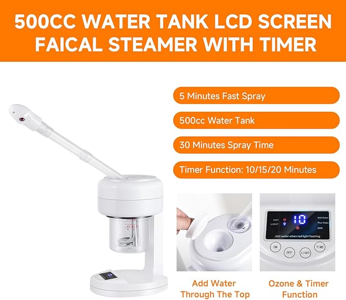HeavenBird Nano Ionic Facial Steamer, Portable Face Steamer with LCD Screen, Extendable 360° Rotating Arm, Rotatable Nozzle, Hot Mist Function for Personal Care at Home or Salon