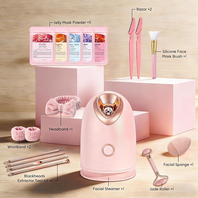Facial Steamer Spa Kit with 17 Skin Care Tools, Nano Ionic Face Steamer for Deep Cleaning Unclogs Pores, Warm Mist Humidifier Steamer for Face Home Sauna SPA, Self Care Gifts for Women