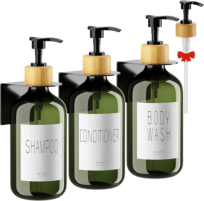 VITVITI Shampoo and Conditioner Dispenser, Body Wash Shower Soap Dispenser Wall Mounted 3 Chamber, Drill Free 17oz Plastic Shower Bottles for Bathroom, Dark Green 3 Sets