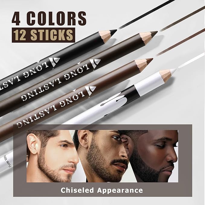 Noerrors 12Pcs Barber Pencil Set Magic Hairline Pencils for Lineup Beard Shaping Guide Pen with Sharpener Barber Chalk for Men Makeup Design White Black Dark Brown Light Brown