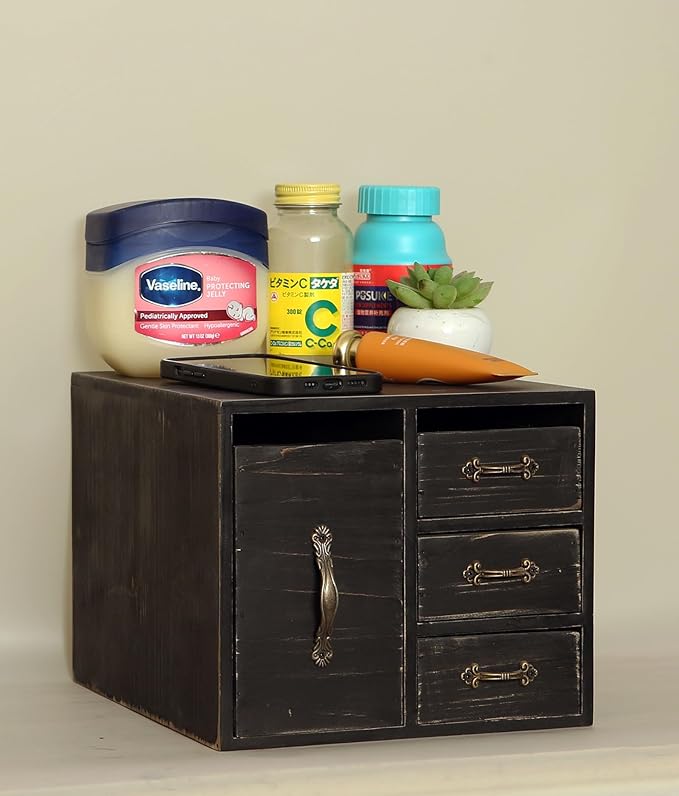 Juleduo Rustic Beauty Organizer 4 Drawers - kitchen storage Wooden Cosmetic Storage Box for Neat & Home Office Desk &Organize &Storing of Makeup Tools,Bathroom Counter-top(Black, L)