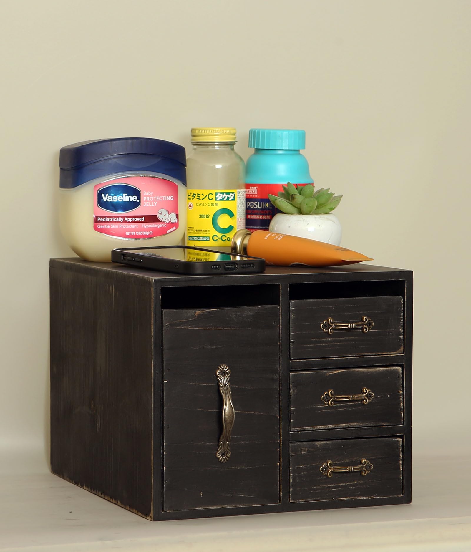 Juleduo Rustic Beauty Organizer 4 Drawers - kitchen storage Wooden Cosmetic Storage Box for Neat & Home Office Desk &Organize &Storing of Makeup Tools,Bathroom Counter-top(Black, L)