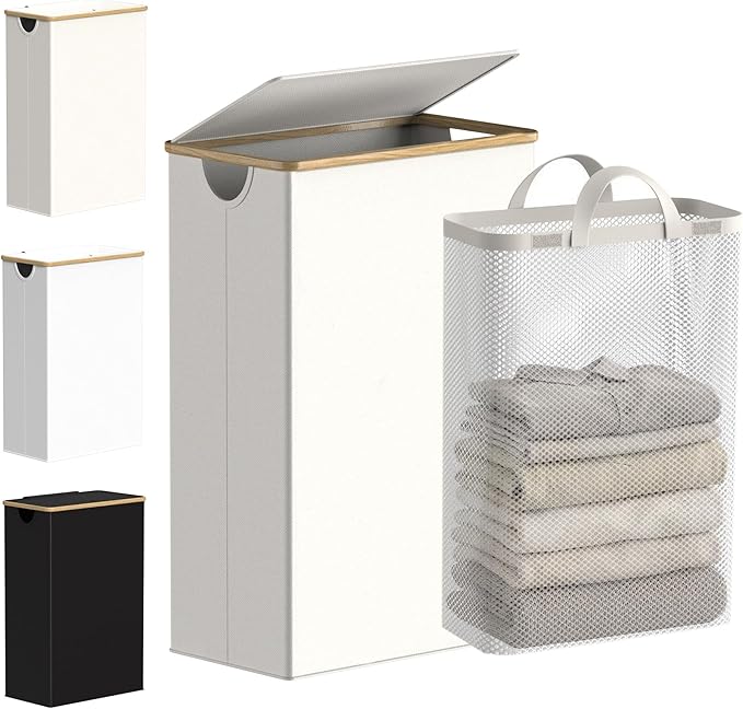 efluky Slim Laundry Basket with Lid, Narrow Laundry Hamper with Removable Bag, Skinny Dirty Clothes Basket with Bamboo Handles for Bathroom, Bedroom & Laundry Room, 75L Beige