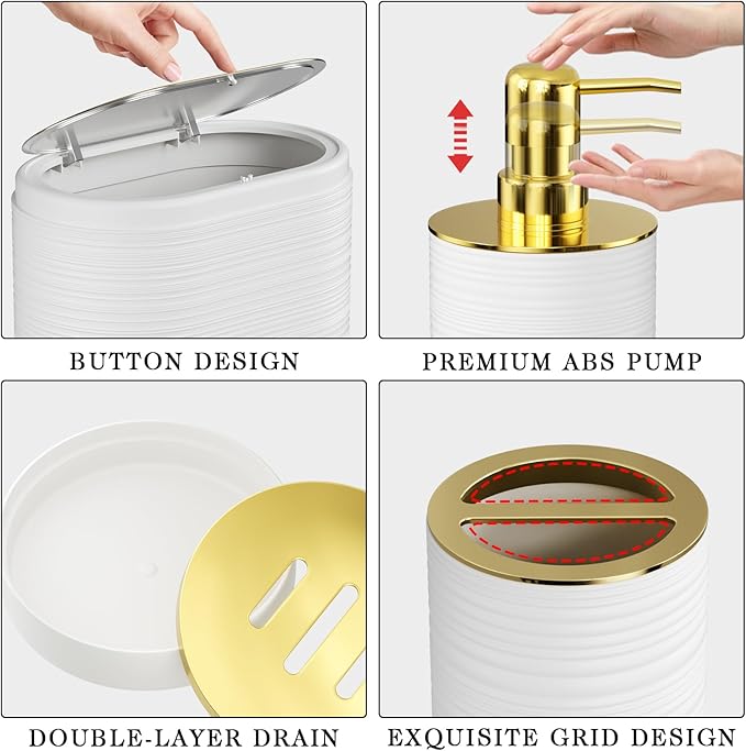 InnJoey Bathroom Set, 10PC Bathroom Accessory Set, White Bathroom Accessories, White and Gold Bathroom Set with Trash Can, Soap Dispensers