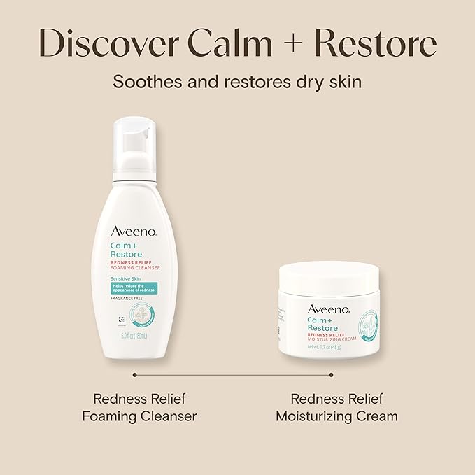 Aveeno Calm + Restore Redness Relief Moisturizing Face Cream, Non-Comedogenic Facial Moisturizer with Ceramide & Vitamin B5, Hydrating for Dry, Sensitive Skin, Hypoallergenic, Fragrance-Free, 1.7 Oz