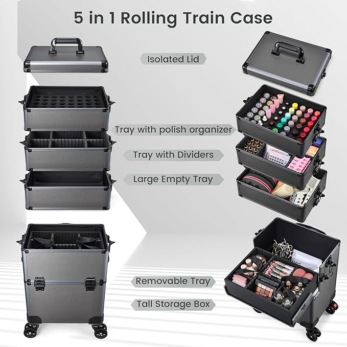 Yueieoun 5 in 1 Makeup Train Case, Cosmetology Case on Wheels Travel Make up Case Rolling Nail Cart Makeup Organizer Cosmetic Storage Box Cases Extra Large Trolley Truck, 360° Swivel Wheels, Ashy Grey