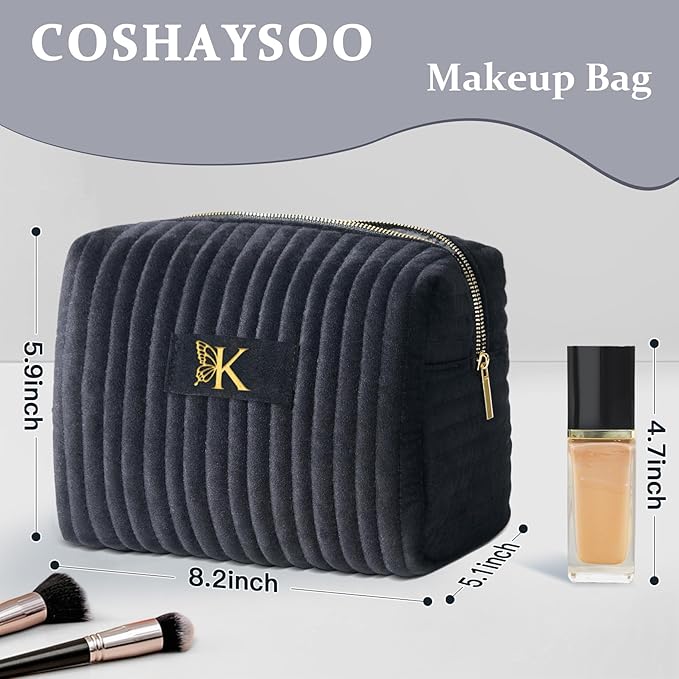 COSHAYSOO Sister Birthday Gifts for Women Best Friend Bestie Friendship Fashion Makeup Bag Make Up Cosmetic Pouch Travel Size Toiletries Skin Care Essentials Organizer Black Velvet Initial Letter K
