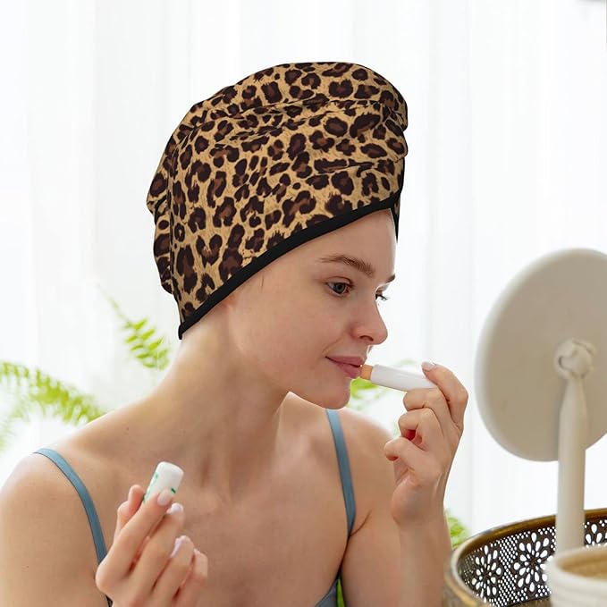 Leopard Hair Towel Wrap Microfiber Fast Drying Hair Turban with Buttons for Women Men Drying Curly, Long & Thick Hair