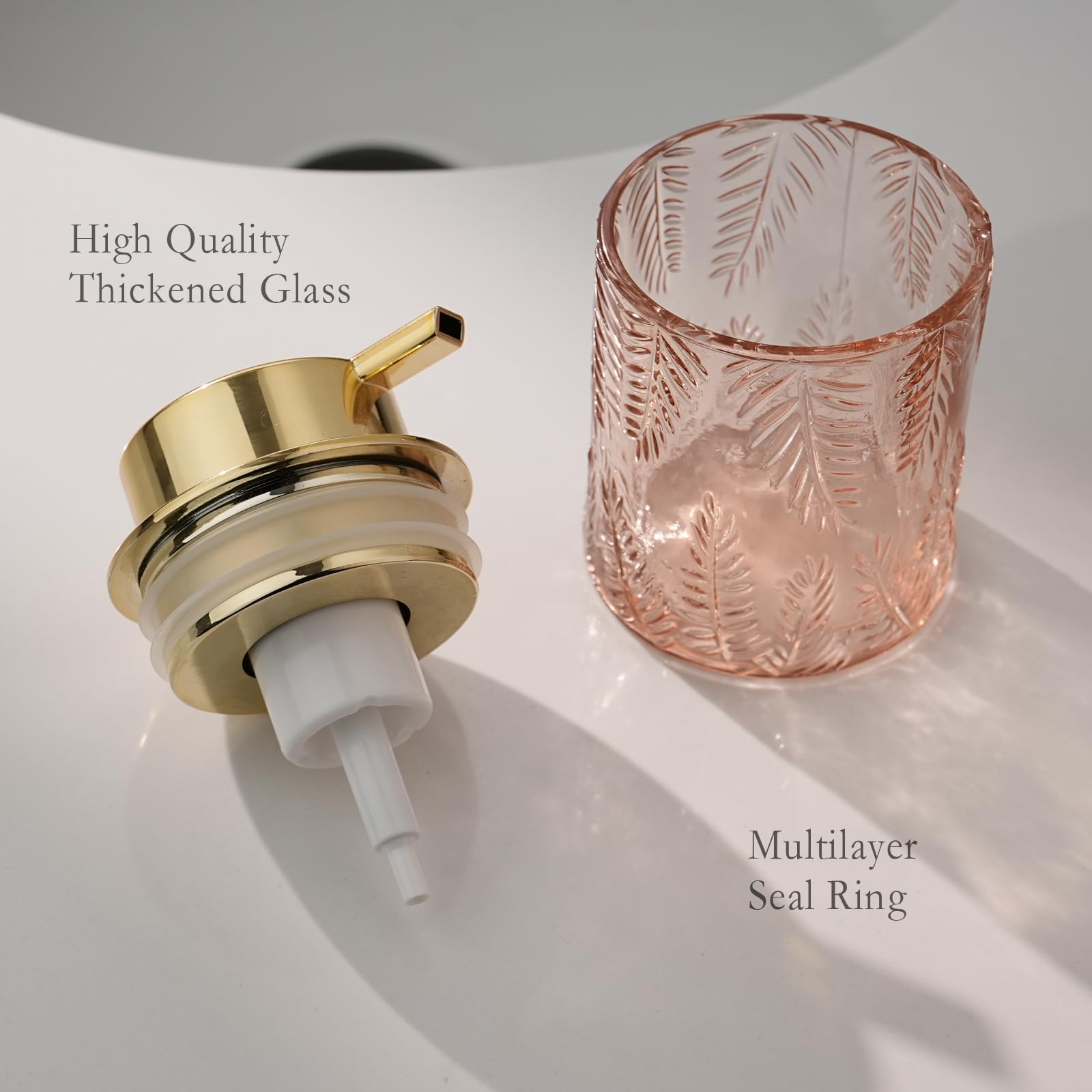 CICUFY Glass Foam Soap Dispenser for Kitchen & Bathroom - Refillable Lotion Dispenser with Large Gold Pump (Leaf Pattern-Pink)