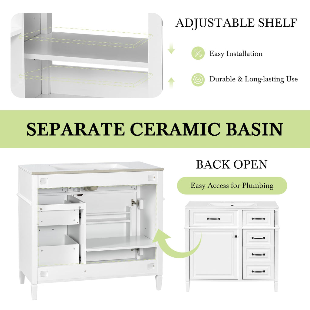 Harper & Bright Designs 36" Bathroom Vanity with Sink, Free Standing Vanity Set with 4 Drawers, Storage Racks, and Adjustable Shelf, Wood Bathroom Cabinet with Ceramic Basin for Bathroom, White