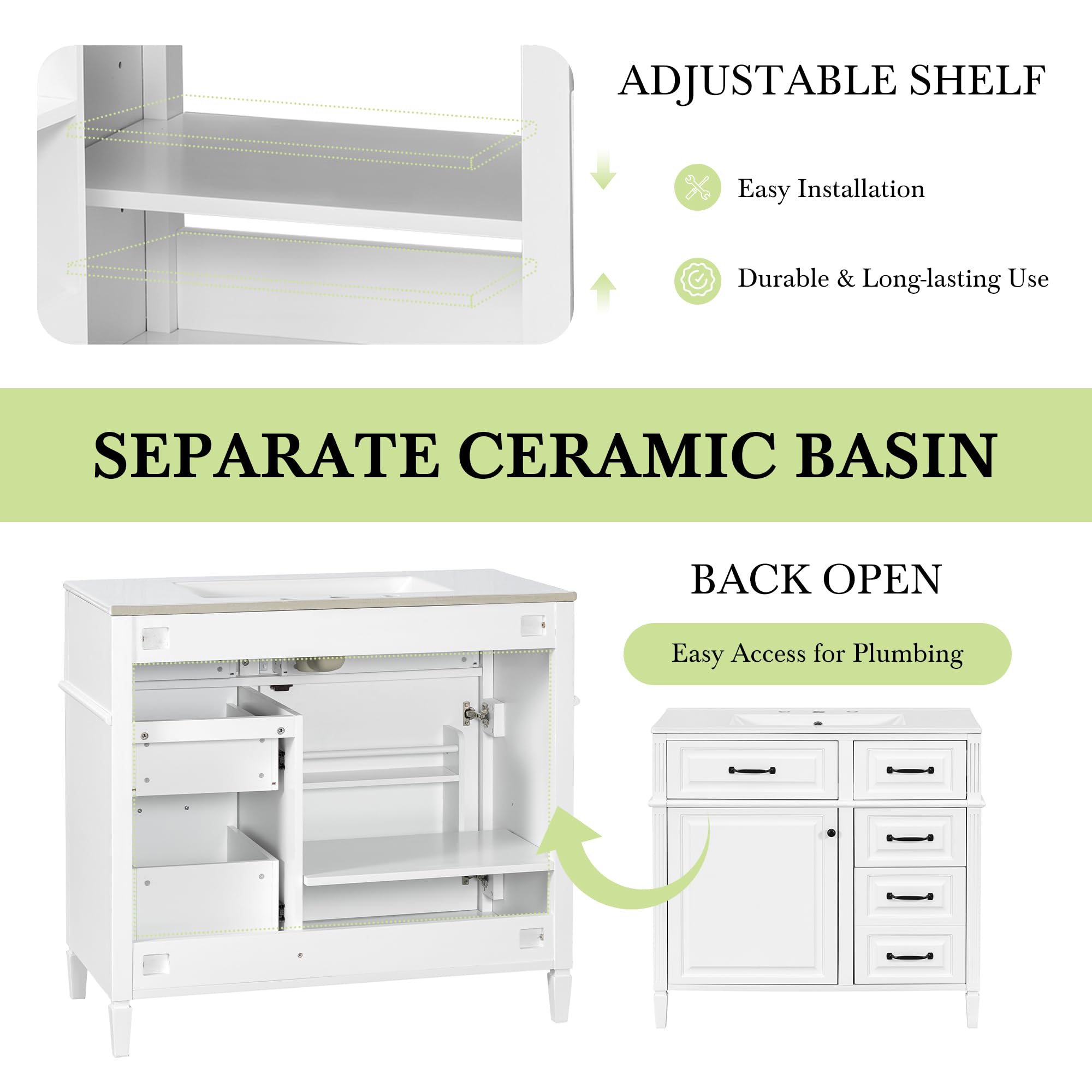 Harper & Bright Designs 36" Bathroom Vanity with Sink, Free Standing Vanity Set with 4 Drawers, Storage Racks, and Adjustable Shelf, Wood Bathroom Cabinet with Ceramic Basin for Bathroom, White