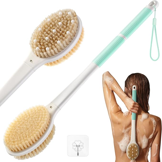 Back Scrubber Body Shower Brush: Anti Slip Long Handle Bath Brush with Stiff and Soft Bristles - Showering Exfoliator Wet or Dry Brushing for Women, Men, Elderly (Blue)