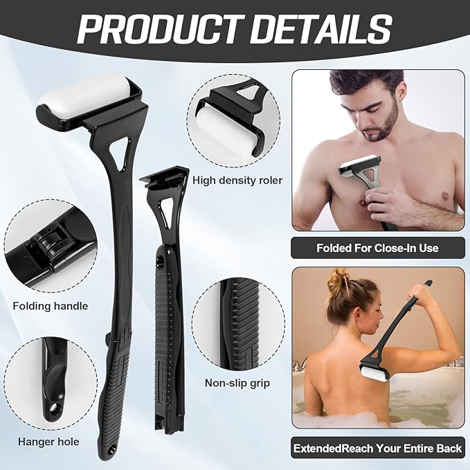 Sunscreen Applicator Set for Woman 18.3” Foldable Application Roller with 2 Reusable Rollers Self Tanner Back Applicator Strip Apply Lotion Cream Ointment Sunless Tanner Beach Essentials (Black)