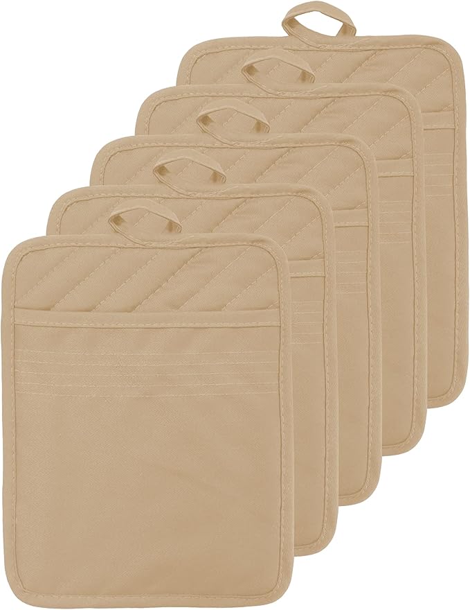 VEIKERY Oven Pot Holder with Pocket Cotton Heat Resistant Coaster Potholder Kitchen Hot Pad Oven Mitts for Cooking Square 7"x9"Set of 5 (Khaki)