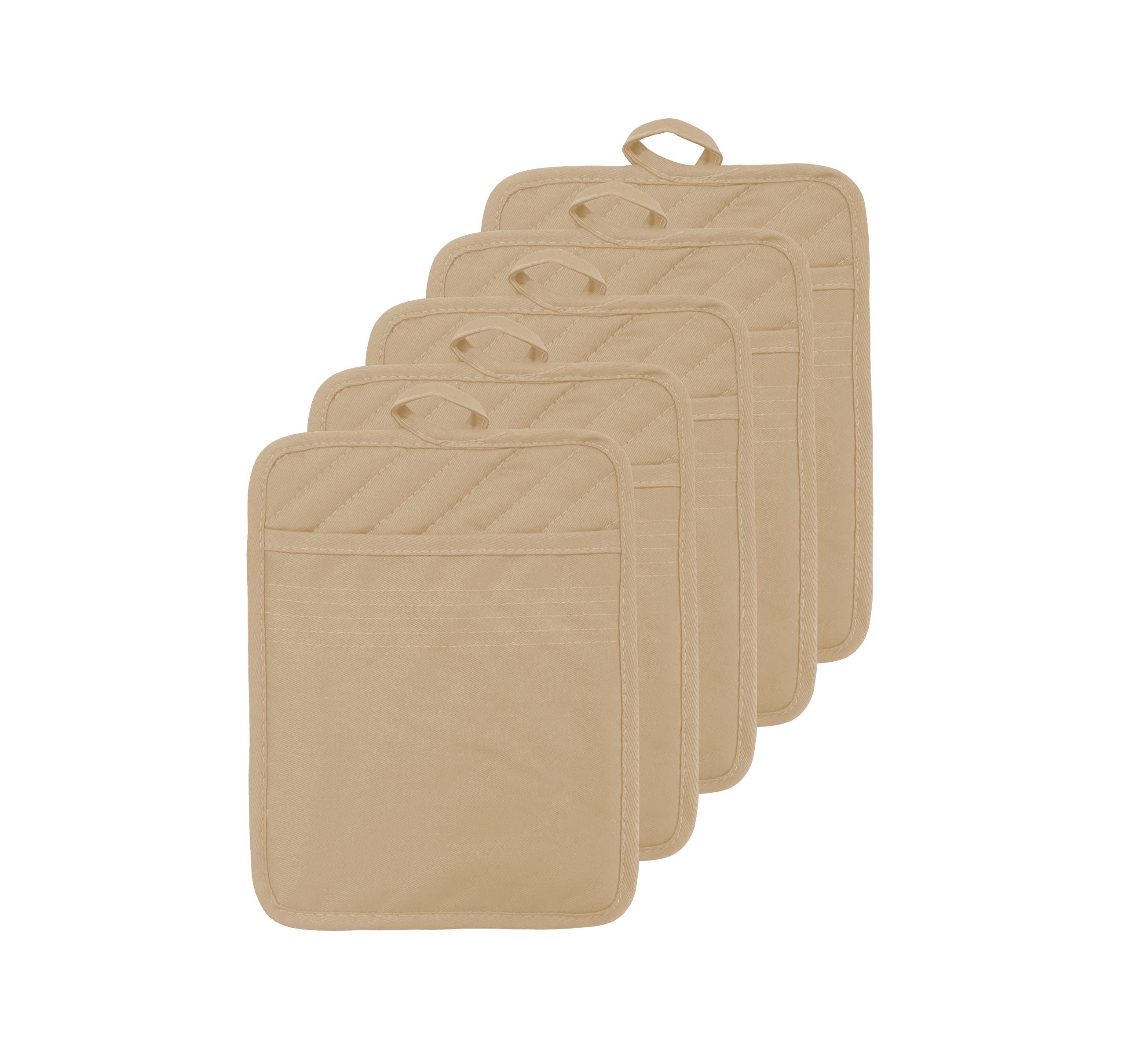 VEIKERY Oven Pot Holder with Pocket Cotton Heat Resistant Coaster Potholder Kitchen Hot Pad Oven Mitts for Cooking Square 7"x9"Set of 5 (Khaki)