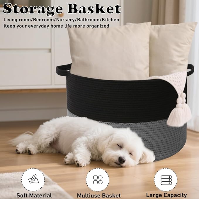 65L Large Blanket Basket,19.7" L x 19.7" W x 13" H Rope Woven Baskets with Handles, Toys Storage Bins,Laundry Basket Perfect for Living Room, Nursery,Bedroom,Home Organization,Black&Dark Grey