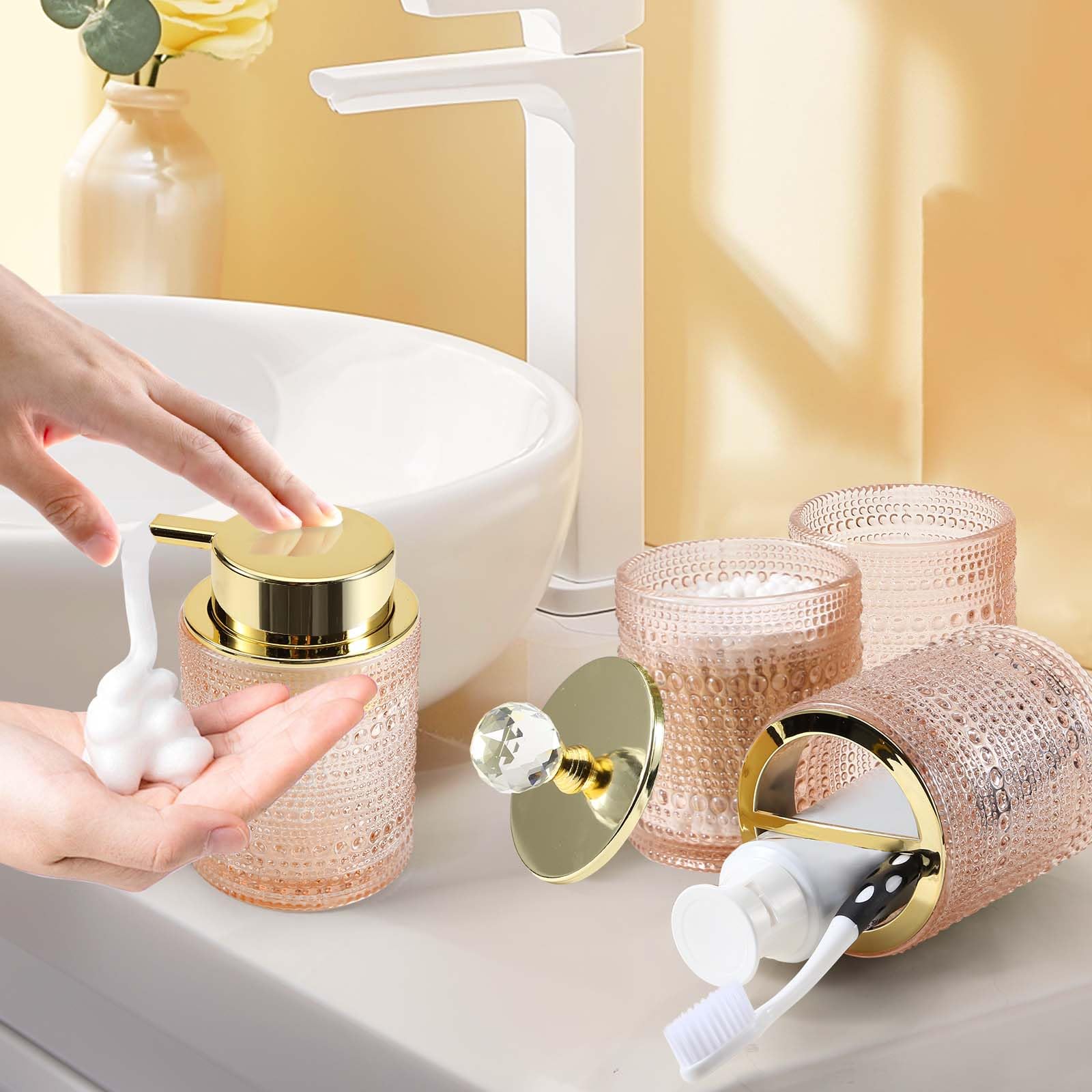 DASITON Bathroom Accessories Set,4Pcs Glass Bathroom Counter Set with Foaming Soap Dispenser,Toothbrush Holder,Bathroom Tumbler,Cotton Swab Jars, for Vanity Bathroom Decor(Pink A)