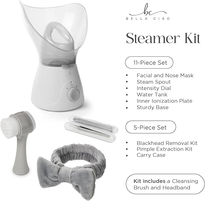 Bella Ciao Face Steamer - Facial Steamer, 11-Piece Home Spa Kit, Nano Ionic Warm Mist, Skin Prep for Serums & Masks, Spa Day Essentials, Facial Kit, Pink White, Corded Electric