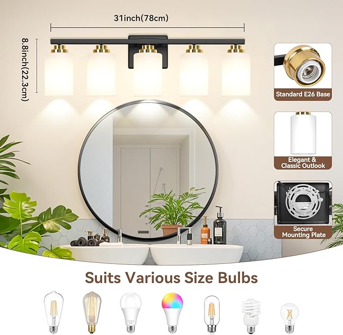 VerRon 5-Light Bathroom Light Fixtures, 31" Black & Gold Vanity Lights