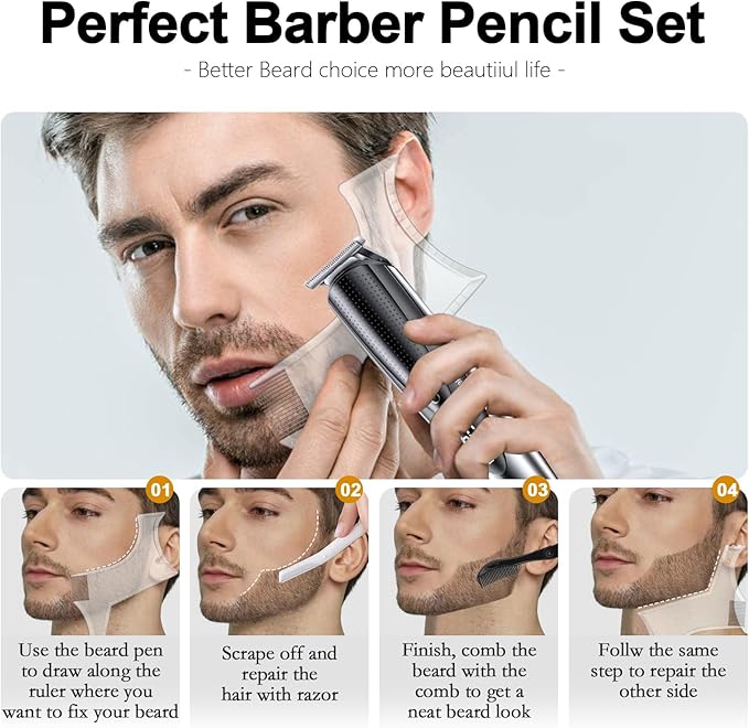 Ponhey 12Pcs Barber Pencil with 2 Sharpener 1 Sharpener Ruler Brush, White Magic Hairline Pencils for Lineup Beard Shaping Beard Guide Pen Barber Chalk for Beards Hair Makeup Design for Men