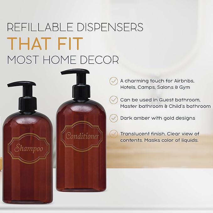 Bottiful Home 16 oz Plastic Shampoo Conditioner Dispensers (Amber)