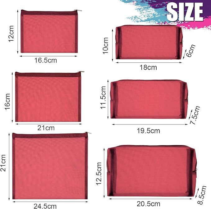 Boao 6 Pieces Mesh Makeup Bags Mesh Cosmetic Bag Portable Travel Organizing Zipper Pouch Toiletries Makeup Pouches for Home Office Travel Accessories(Wine Red)