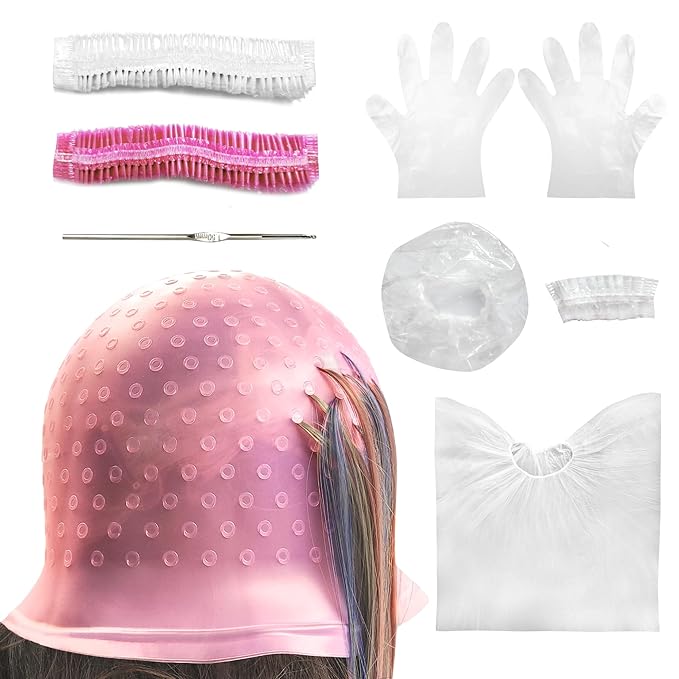9 Pcs Highlight Cap Kit, Silicone Highlighting Cap Hair Dye Cap with Holes Reusable Highlighting Cap with Hook for Home Salon Professional Hairdressing Dyeing Staining Tools Set for Women Men