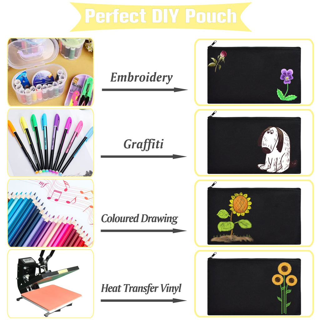 ZeeDix 8 Pack 8.3 x 5 inches Blank DIY Craft Bag - Black Canvas Zipper Pouch Bags Multipurpose Cosmetic Bag Makeup Pouch with Zipper, Travel Toiletry Bag for Storage